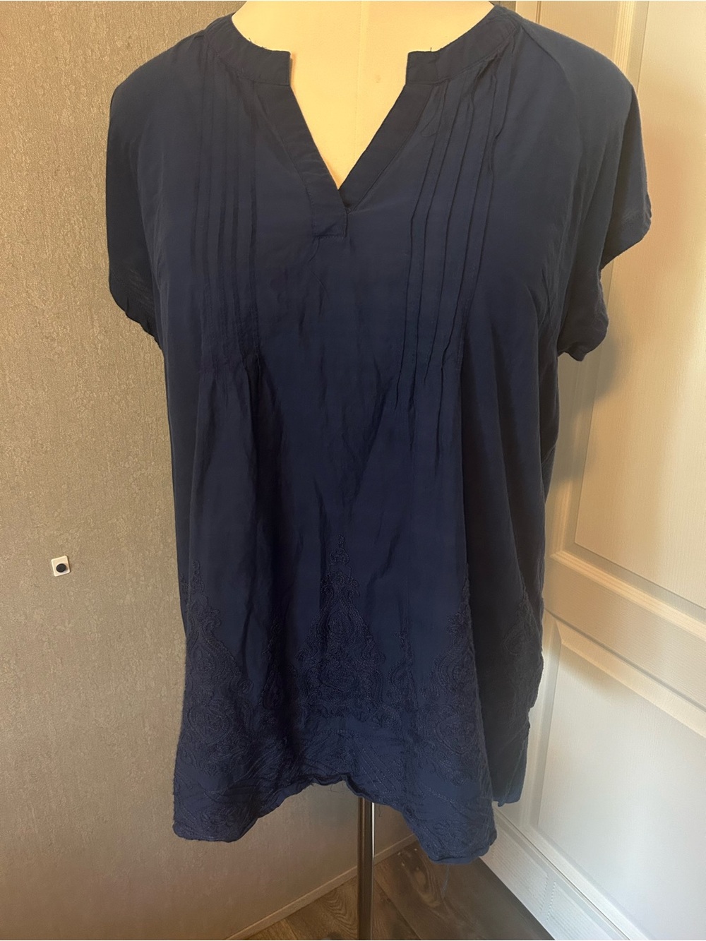 Women's Navy Pintuck Embroidered Tunic Top